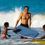 Barack Obama on a Beach with Surfboard