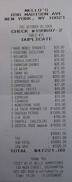 Copy of the Bill of Russian Billionaire Roman Abramovich from Nelly’s in New York ($47,000)