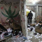 Raided House of Rio de Janeiro Drug Lords with Marijuana Leaf on the Wall and Cocaine on the Floor